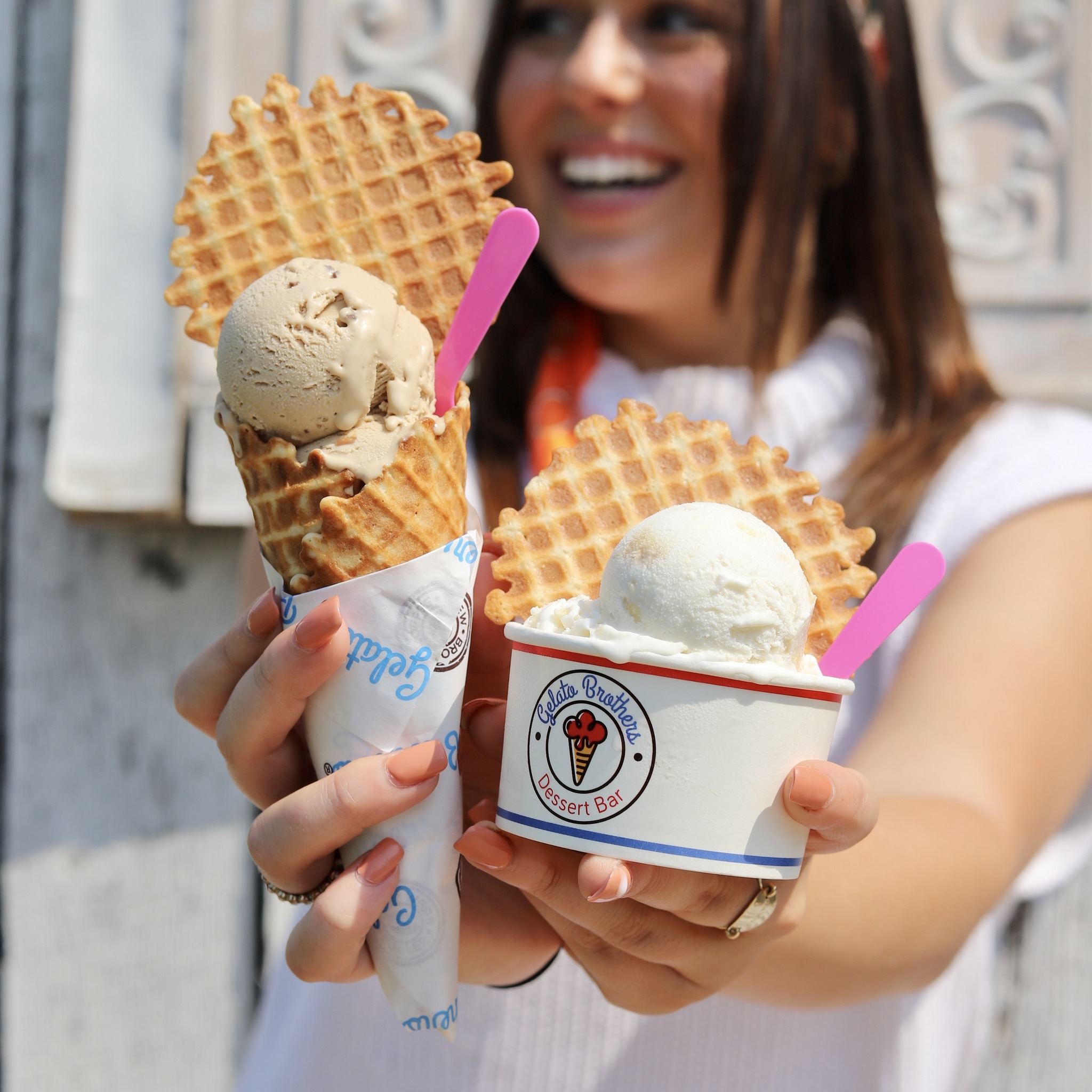 Gelato Brothers Dessert Bar cup and waffle cone with fresh gelato